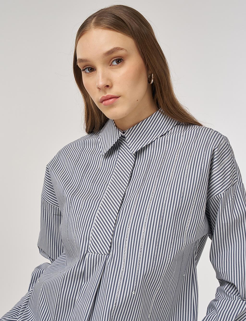 Çizgi Desen Pamuklu Tunik Lacivert 