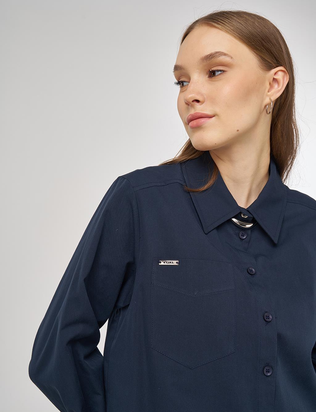 100% Cotton Single-Pocket Blouse Dark Navy 