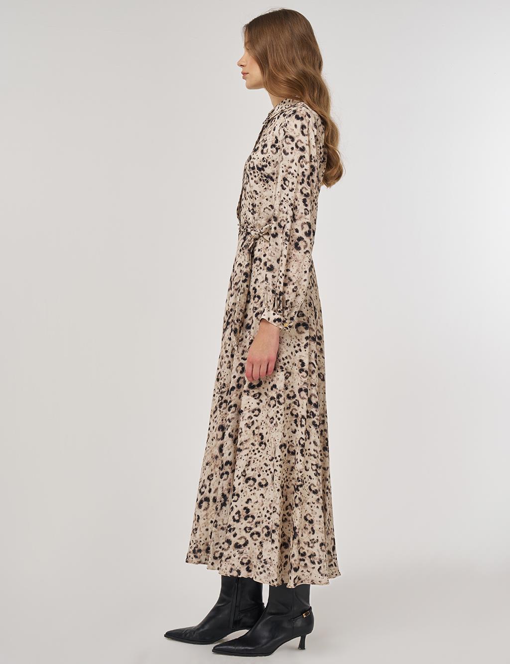 Leopar Desen Piliseli Elbise Krem