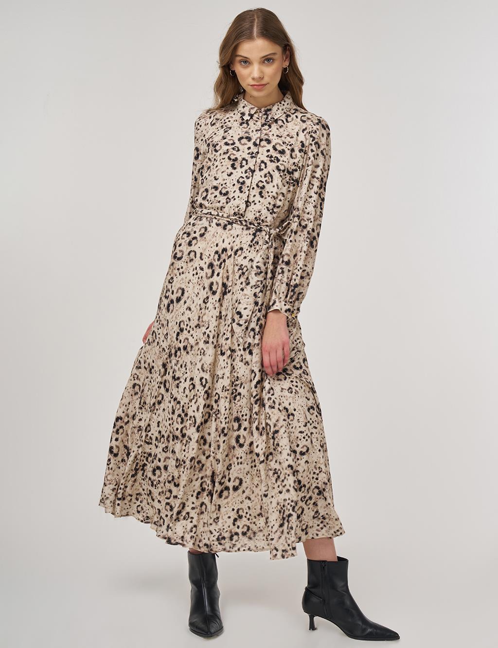 Leopar Desen Piliseli Elbise Krem