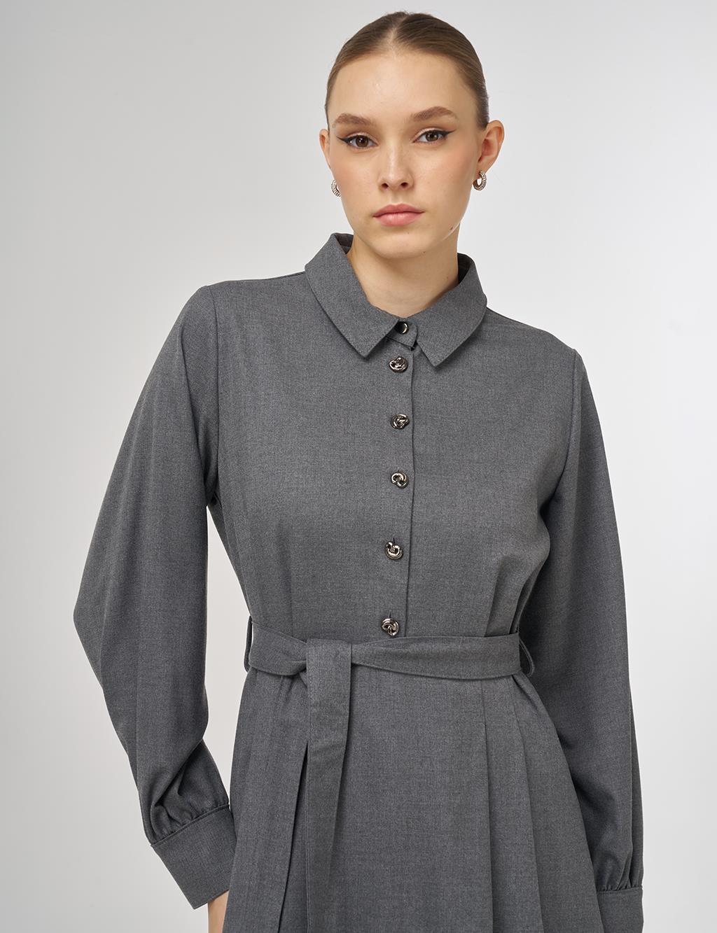 Button Detail Viscose Dress Gray