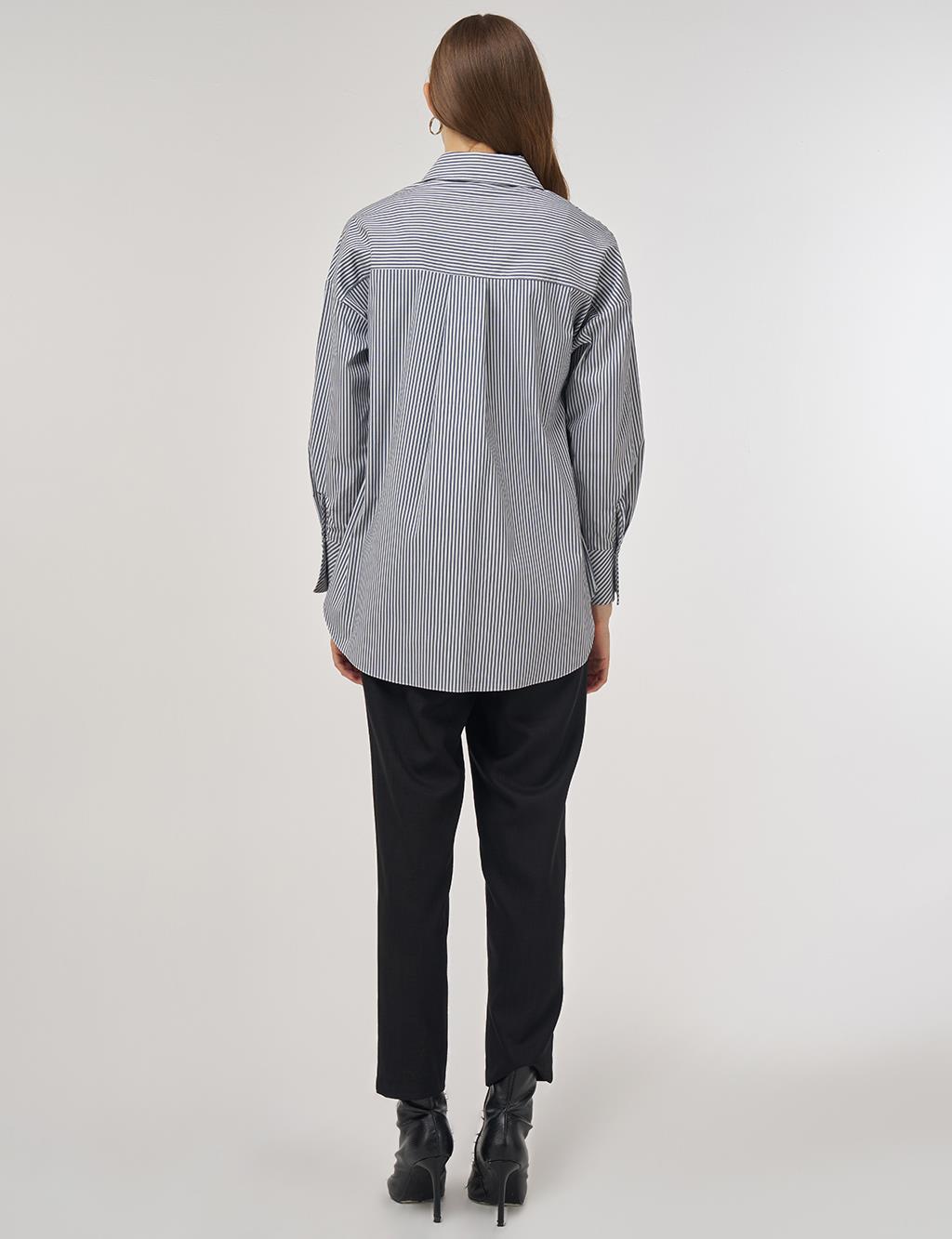 Çizgi Desen Pamuklu Tunik Lacivert 