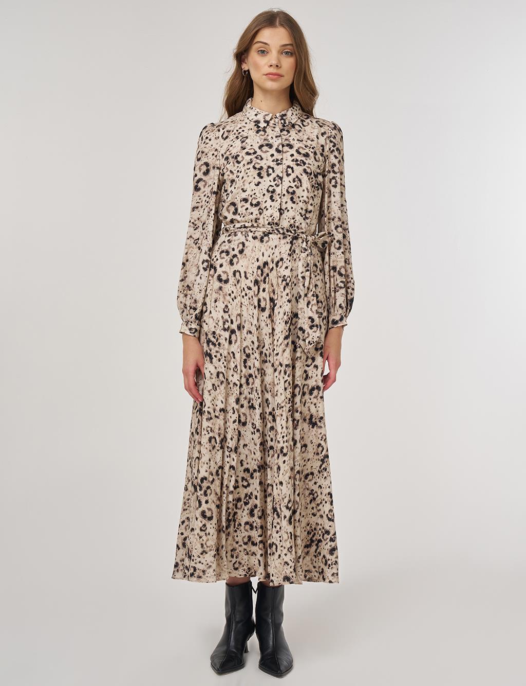 Leopar Desen Piliseli Elbise Krem