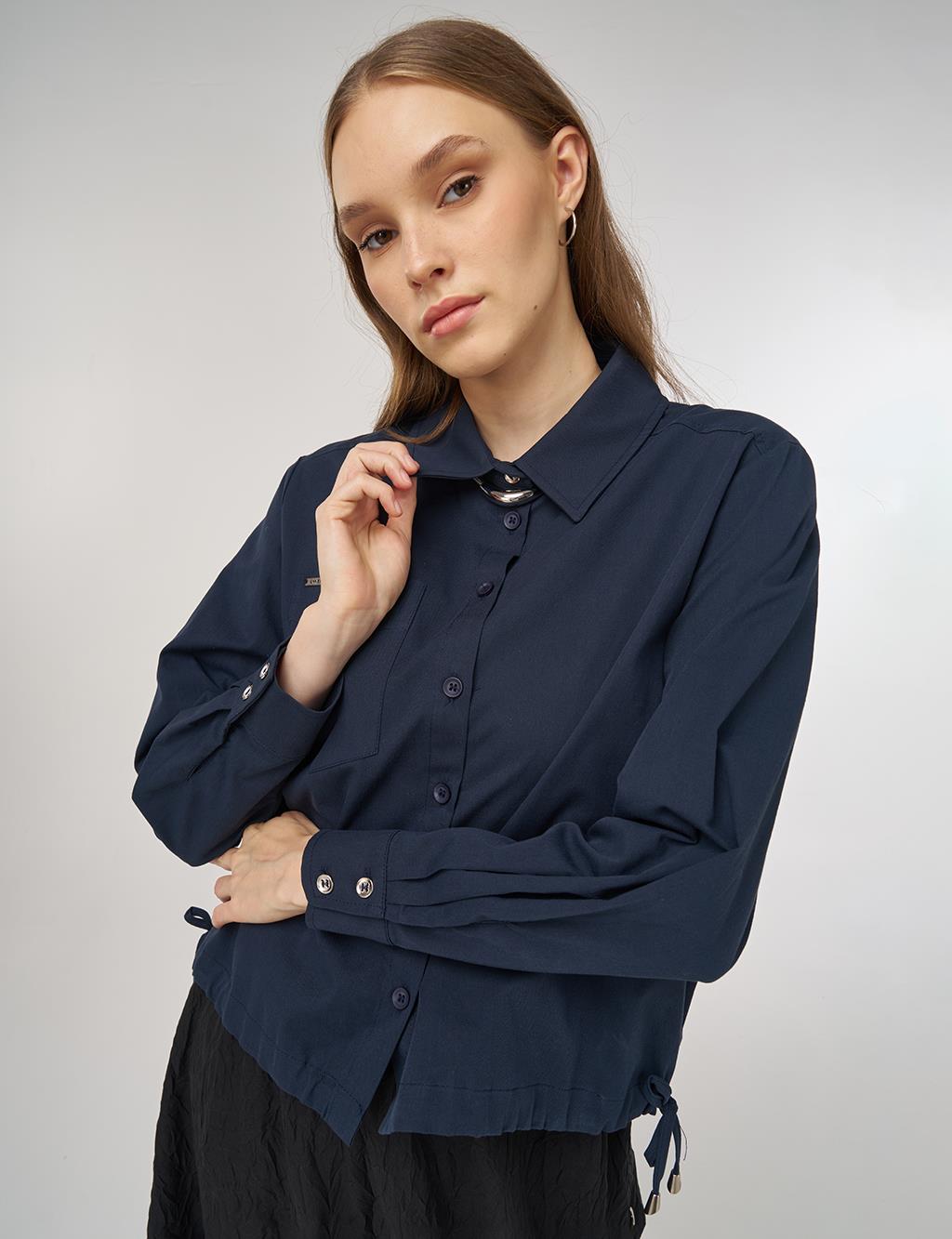 100% Cotton Single-Pocket Blouse Dark Navy 