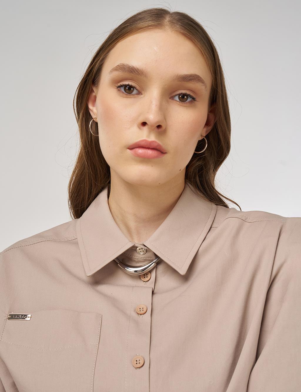 100% Cotton Single-Pocket Blouse Mink