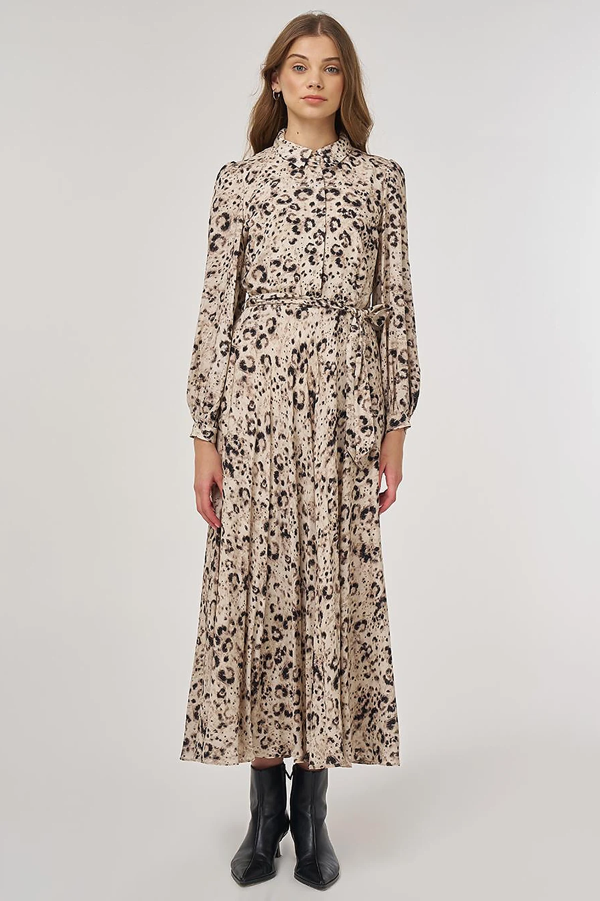 Leopard Print Pleated Dress Cream