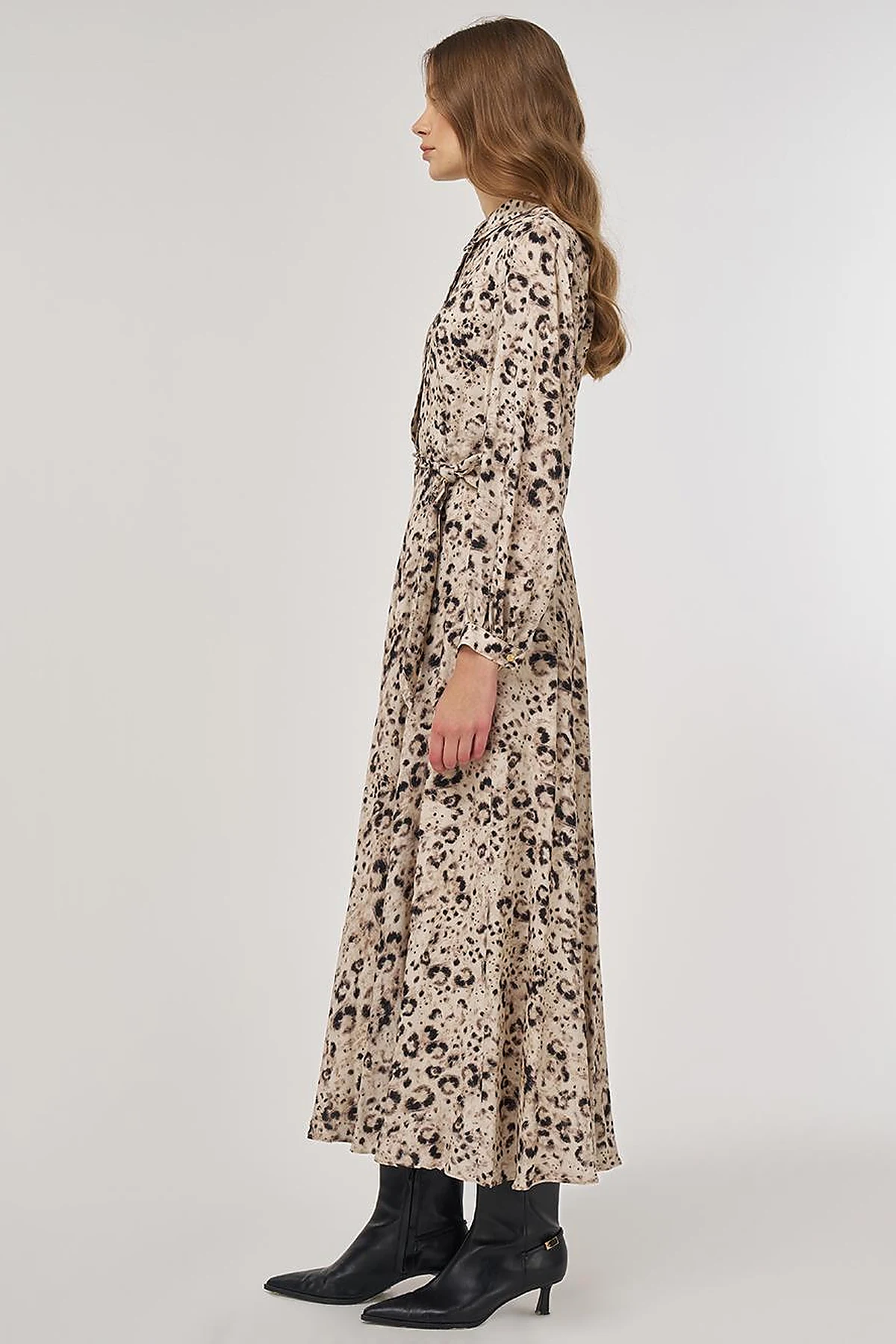Leopard Print Pleated Dress Cream