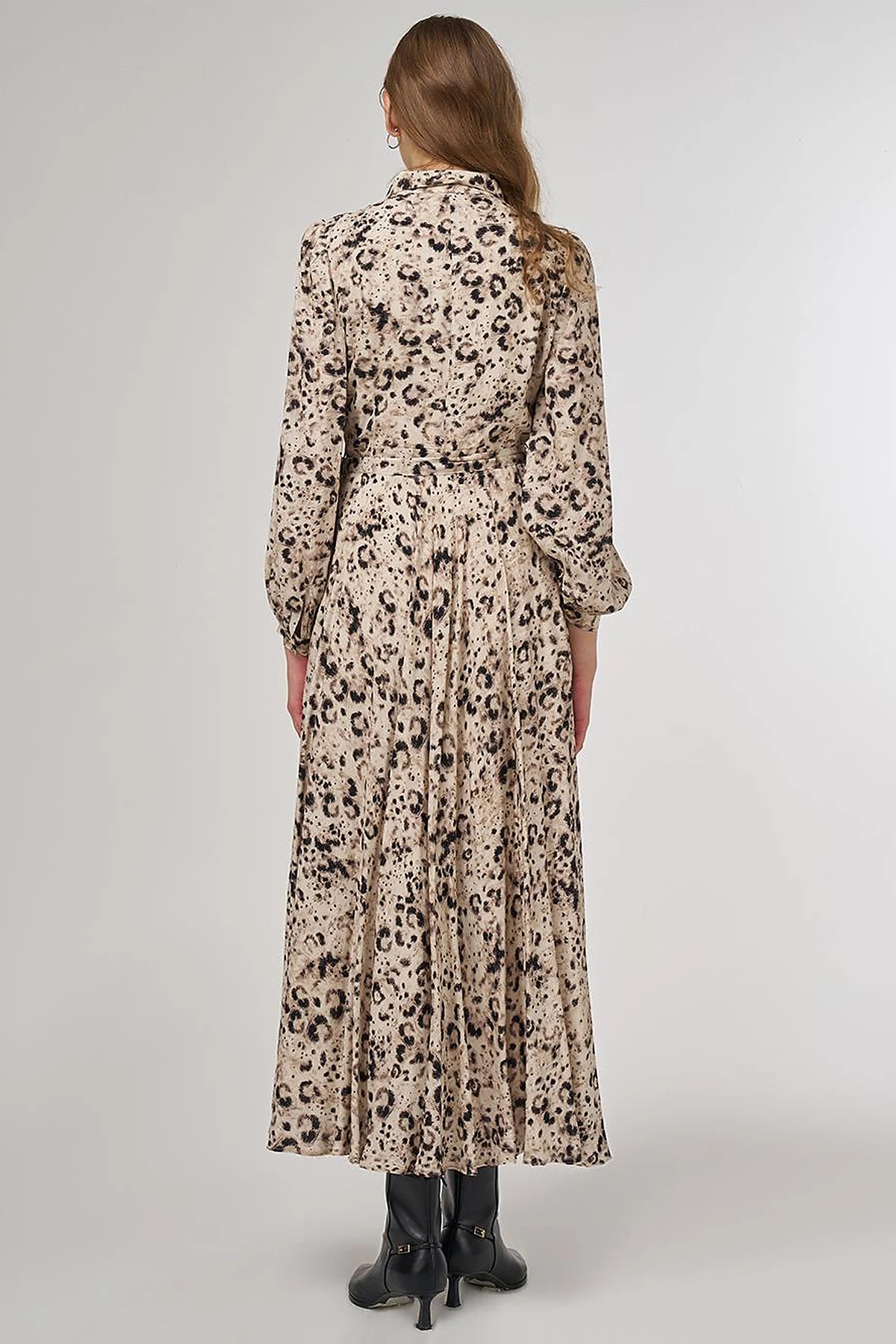 Leopard Print Pleated Dress Cream