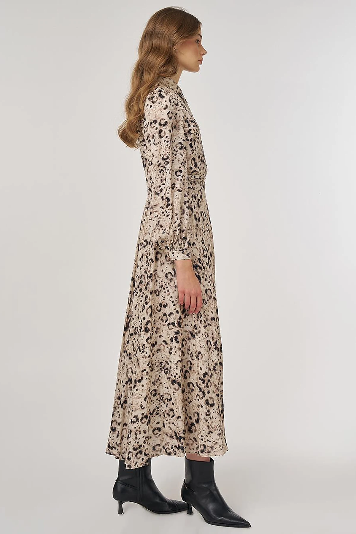 Leopard Print Pleated Dress Cream