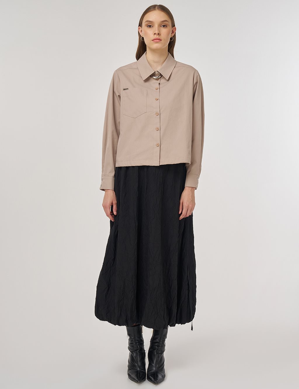 100% Cotton Single-Pocket Blouse Mink