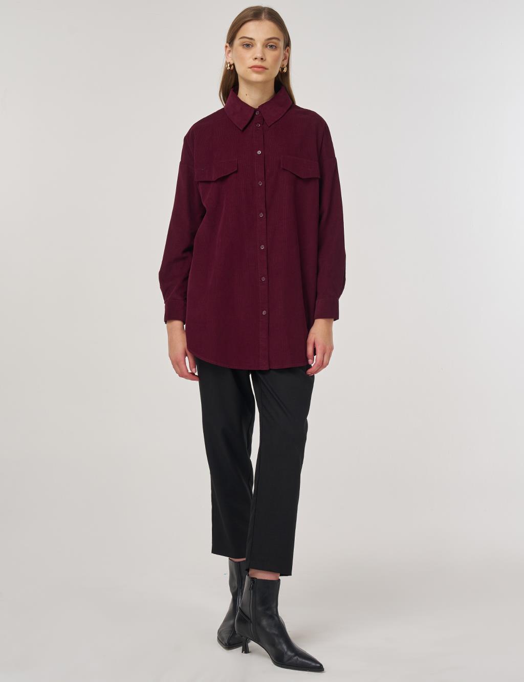 Kapak Cepli Kadife Tunik Bordo