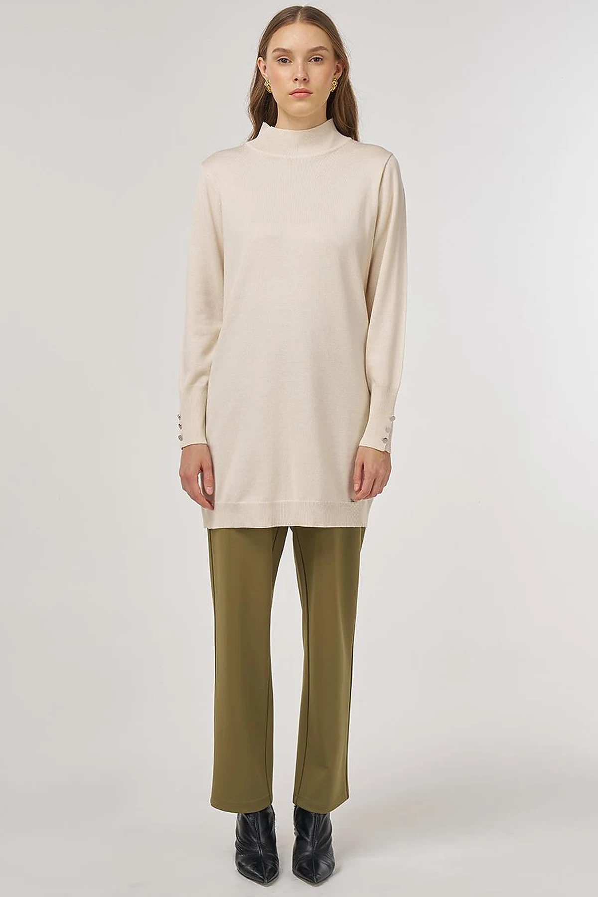 Turtleneck Basic Viscose Knit Tunic Cream