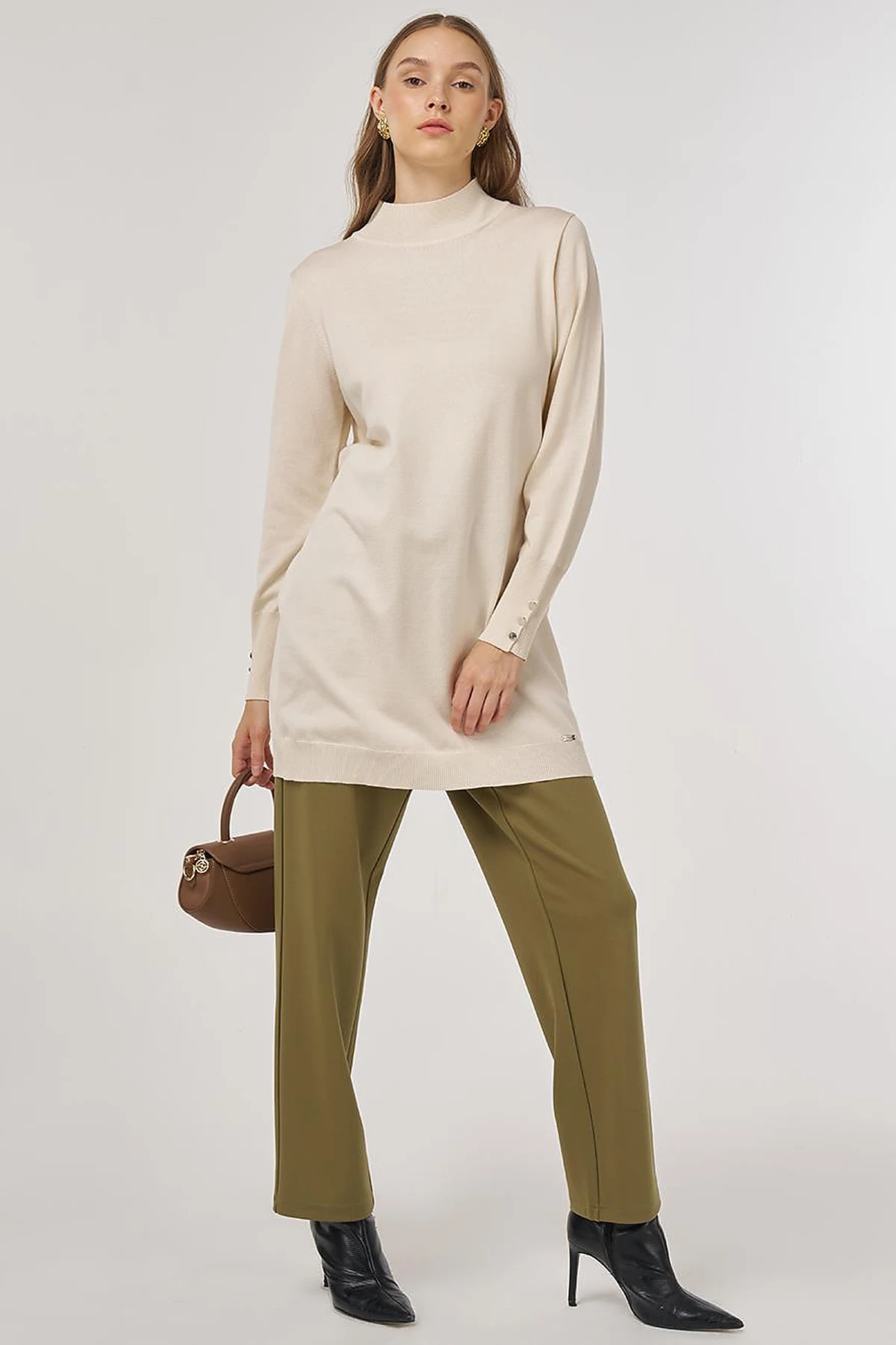 Turtleneck Basic Viscose Knit Tunic Cream