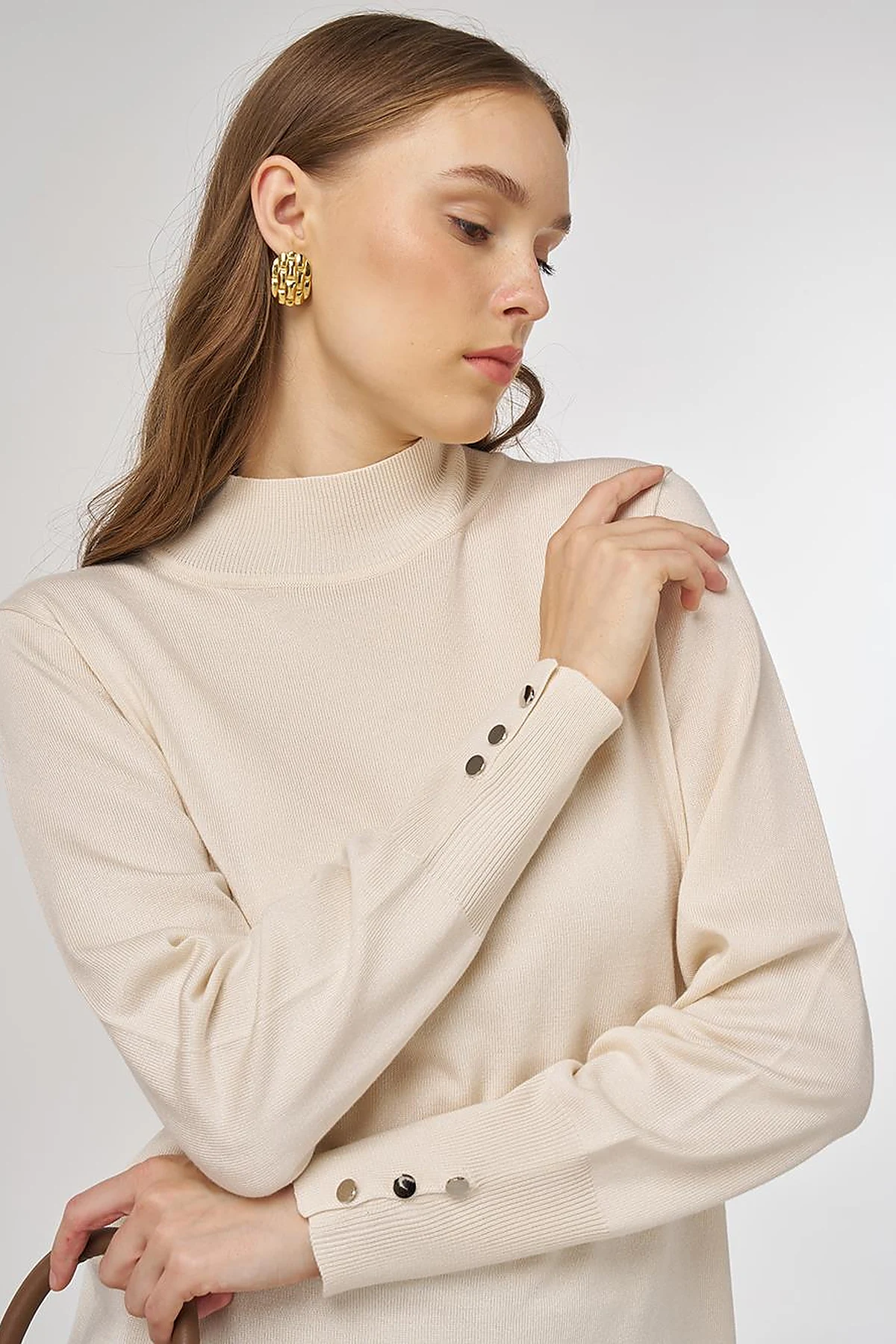 Turtleneck Basic Viscose Knit Tunic Cream