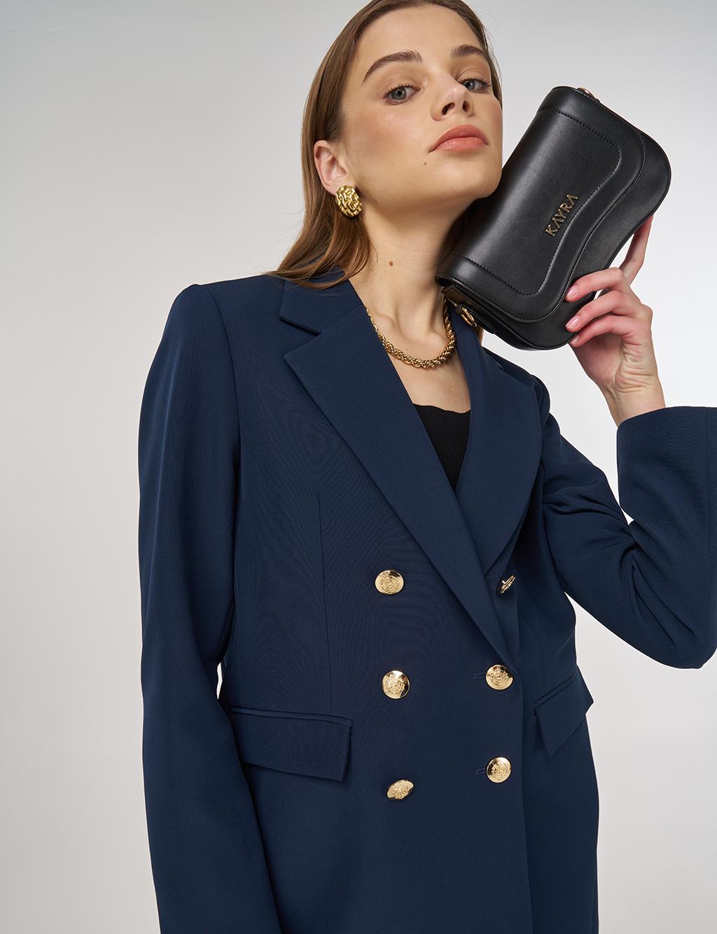 Button Detail Blazer Jacket in Dark Navy