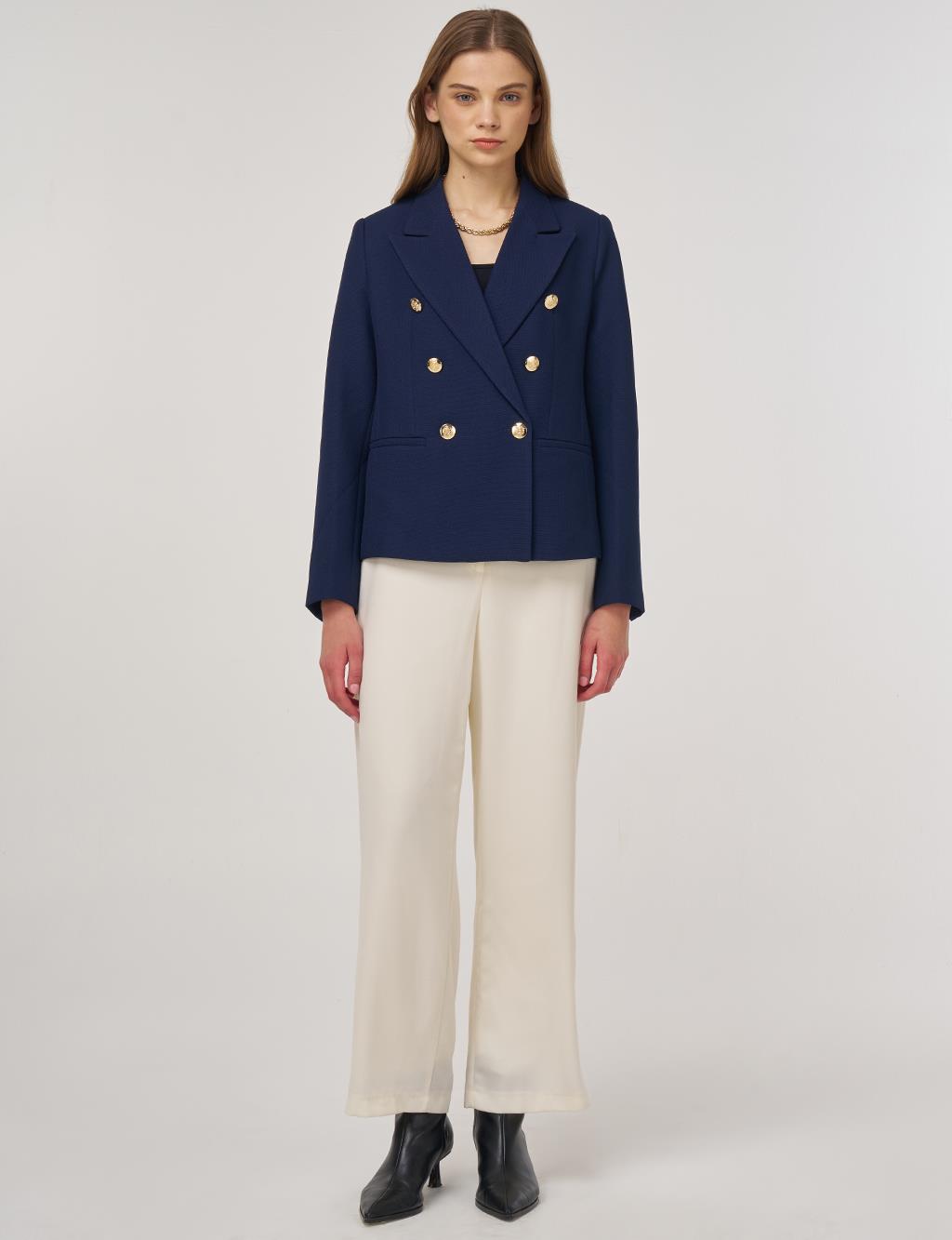 Gold Buttoned Blazer Jacket in Dark Navy 
