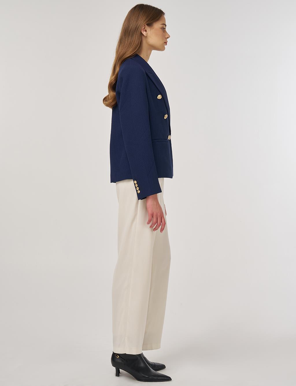 Gold Buttoned Blazer Jacket in Dark Navy 