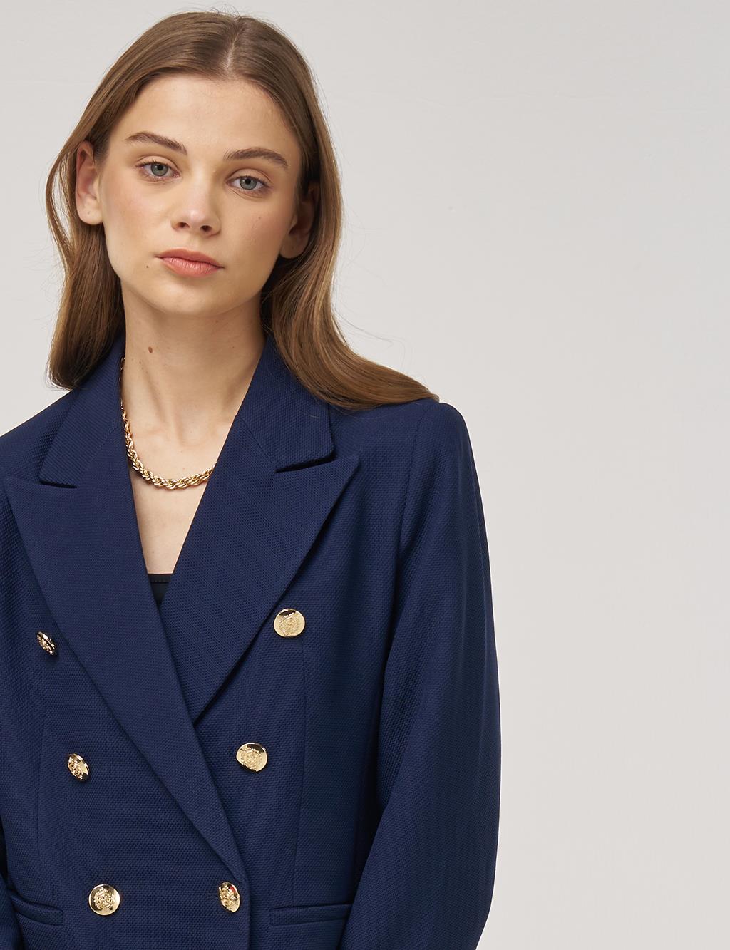 Gold Buttoned Blazer Jacket in Dark Navy 