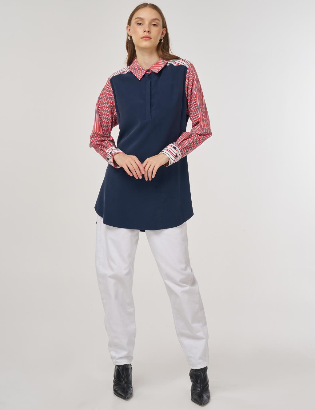 Contrast-Panel Rayon Sweatshirt Dark Navy