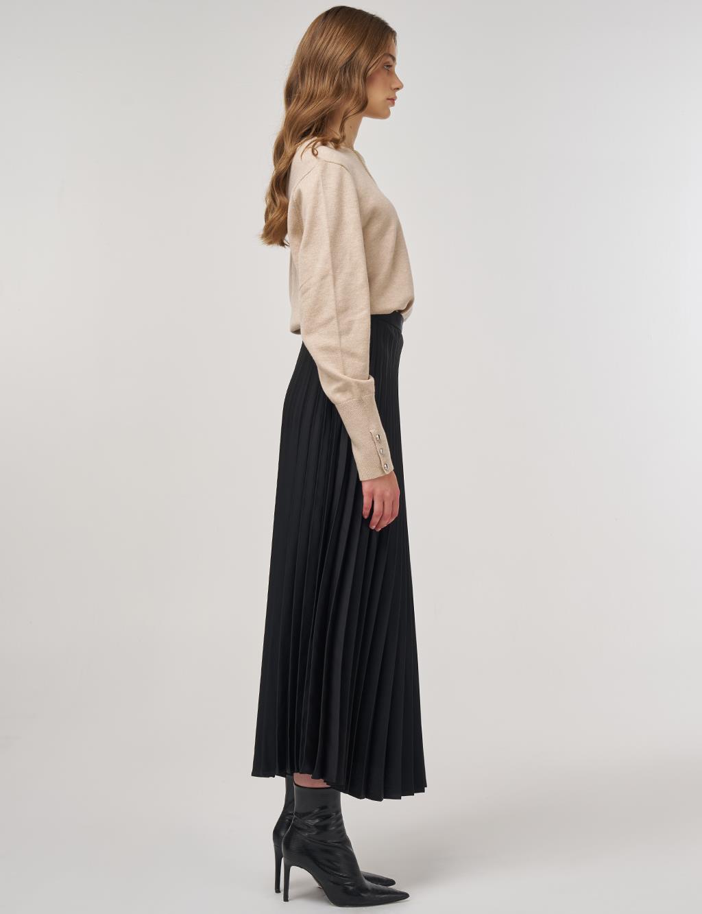 Pleated Satin Skirt Black