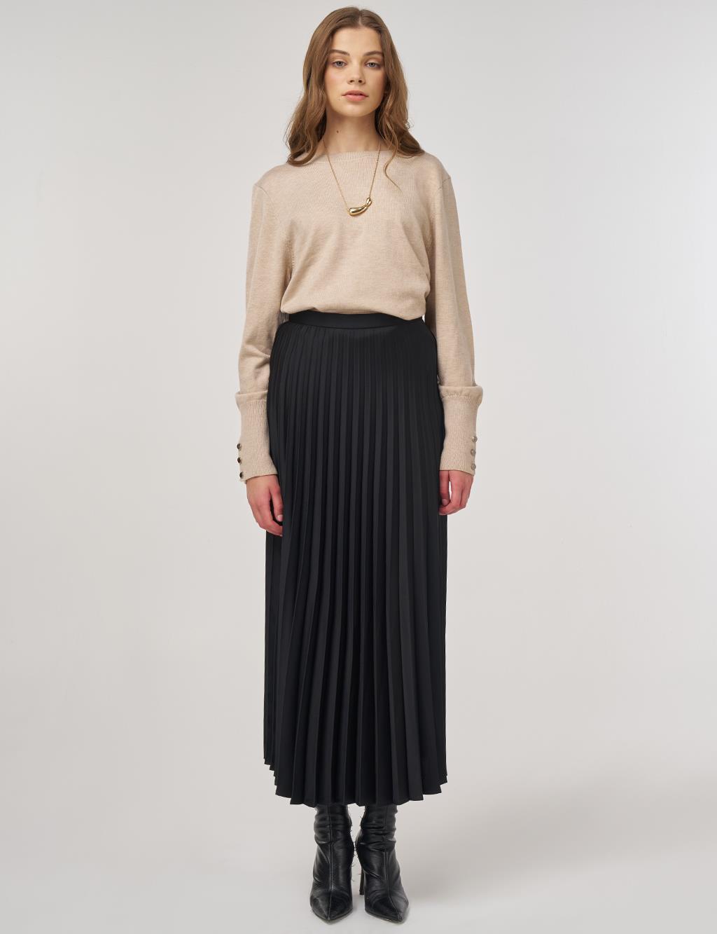 Pleated Satin Skirt Black
