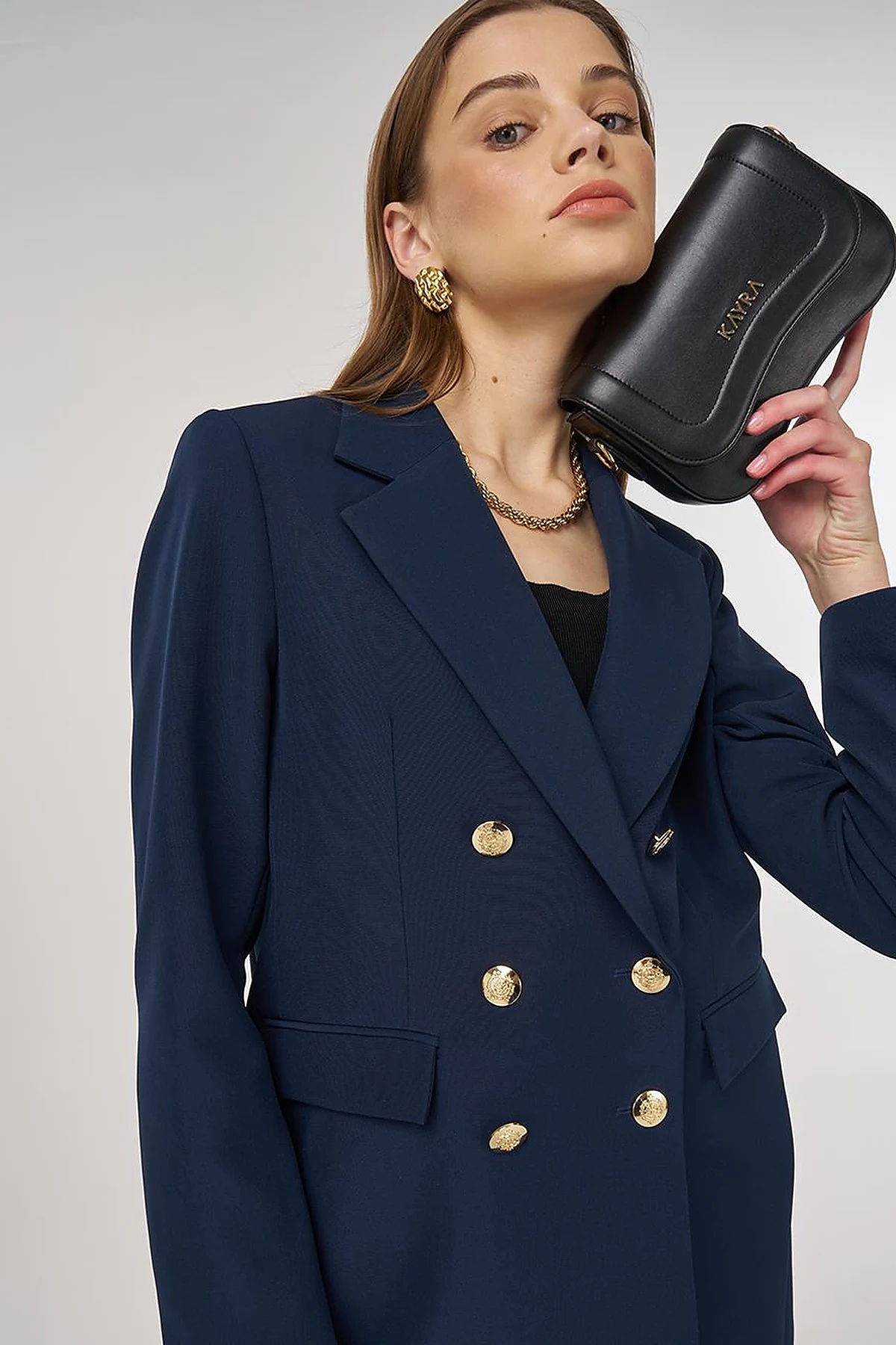 Button Detail Blazer Jacket in Dark Navy