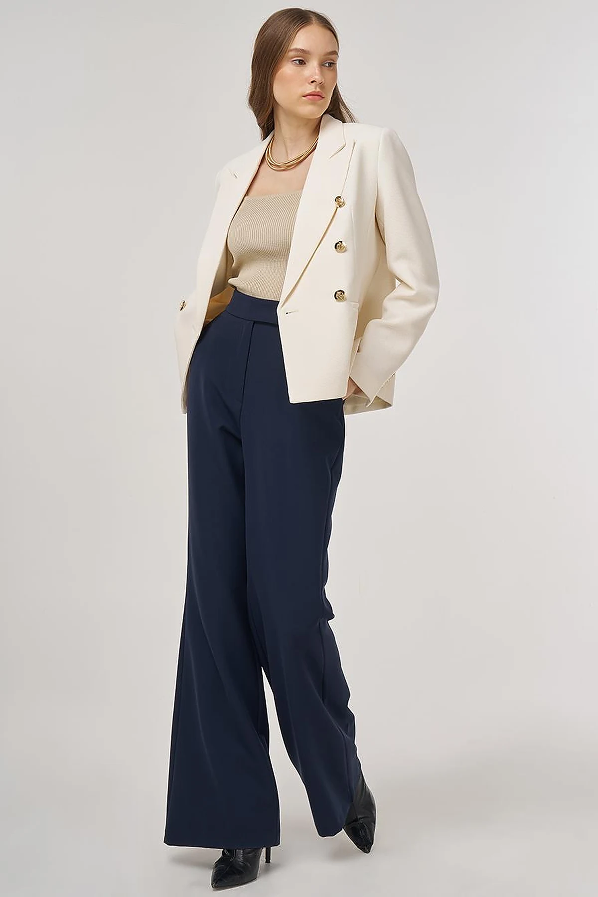 Gold Buttoned Blazer Jacket in Cream