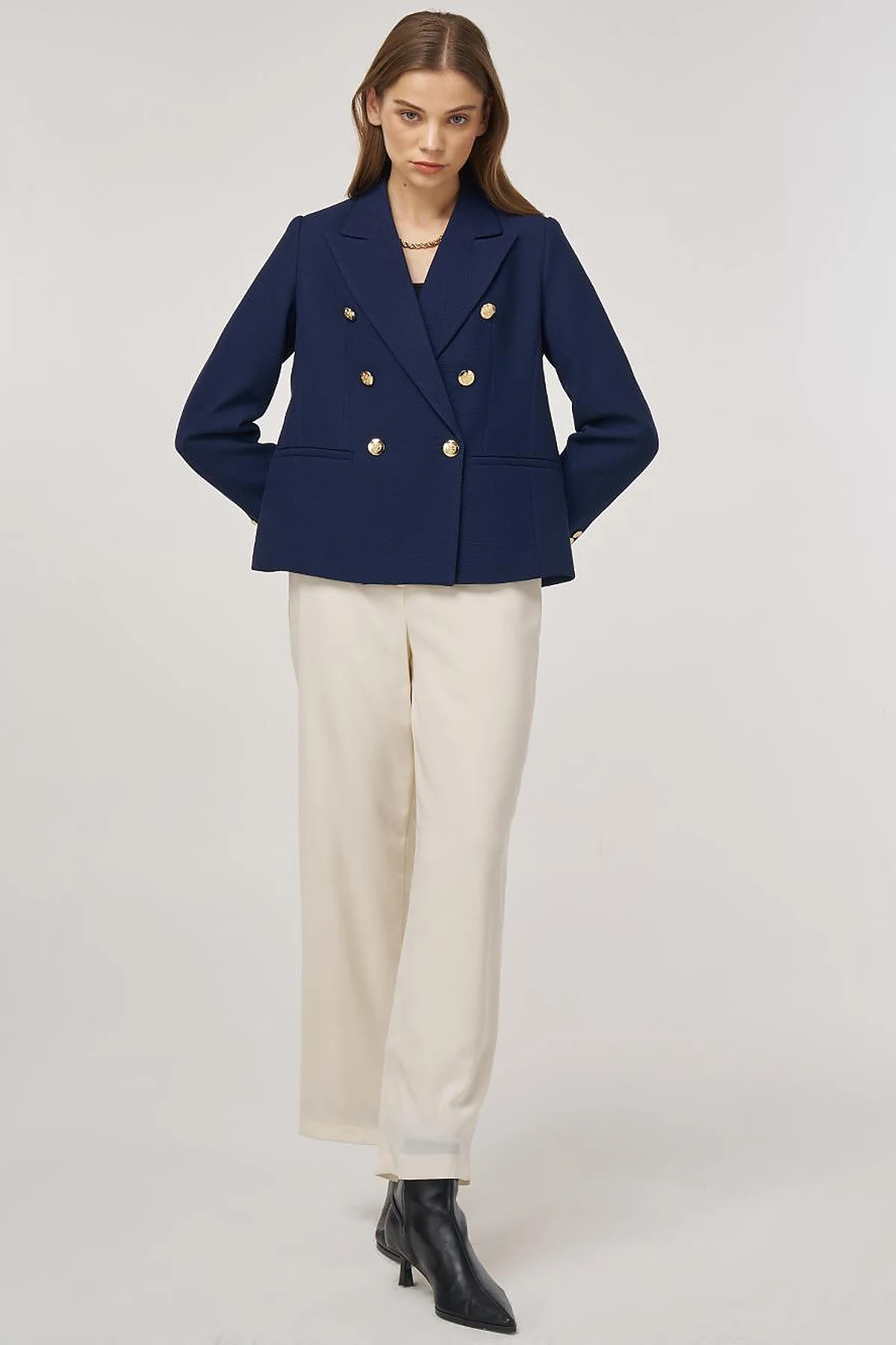 Gold Buttoned Blazer Jacket in Dark Navy 