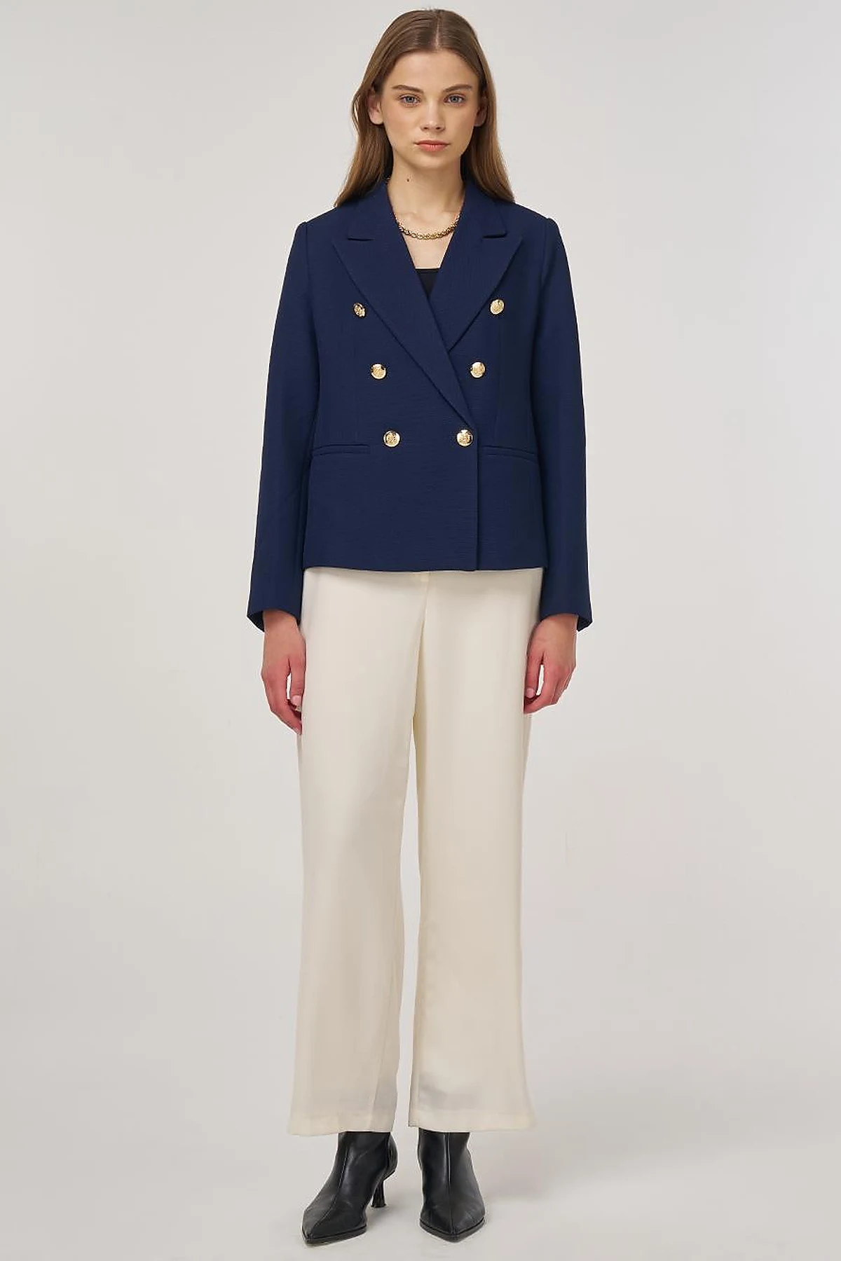 Gold Buttoned Blazer Jacket in Dark Navy 