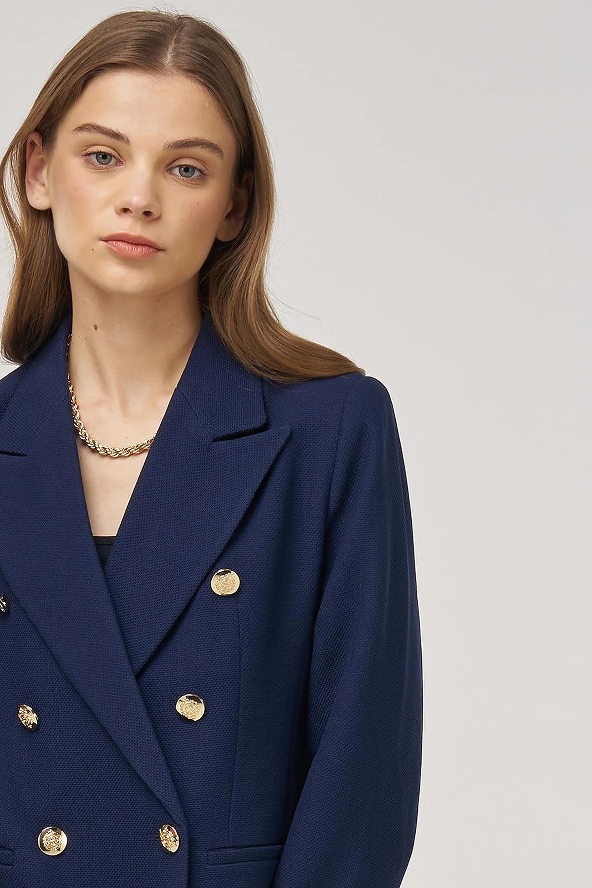 Gold Buttoned Blazer Jacket in Dark Navy 