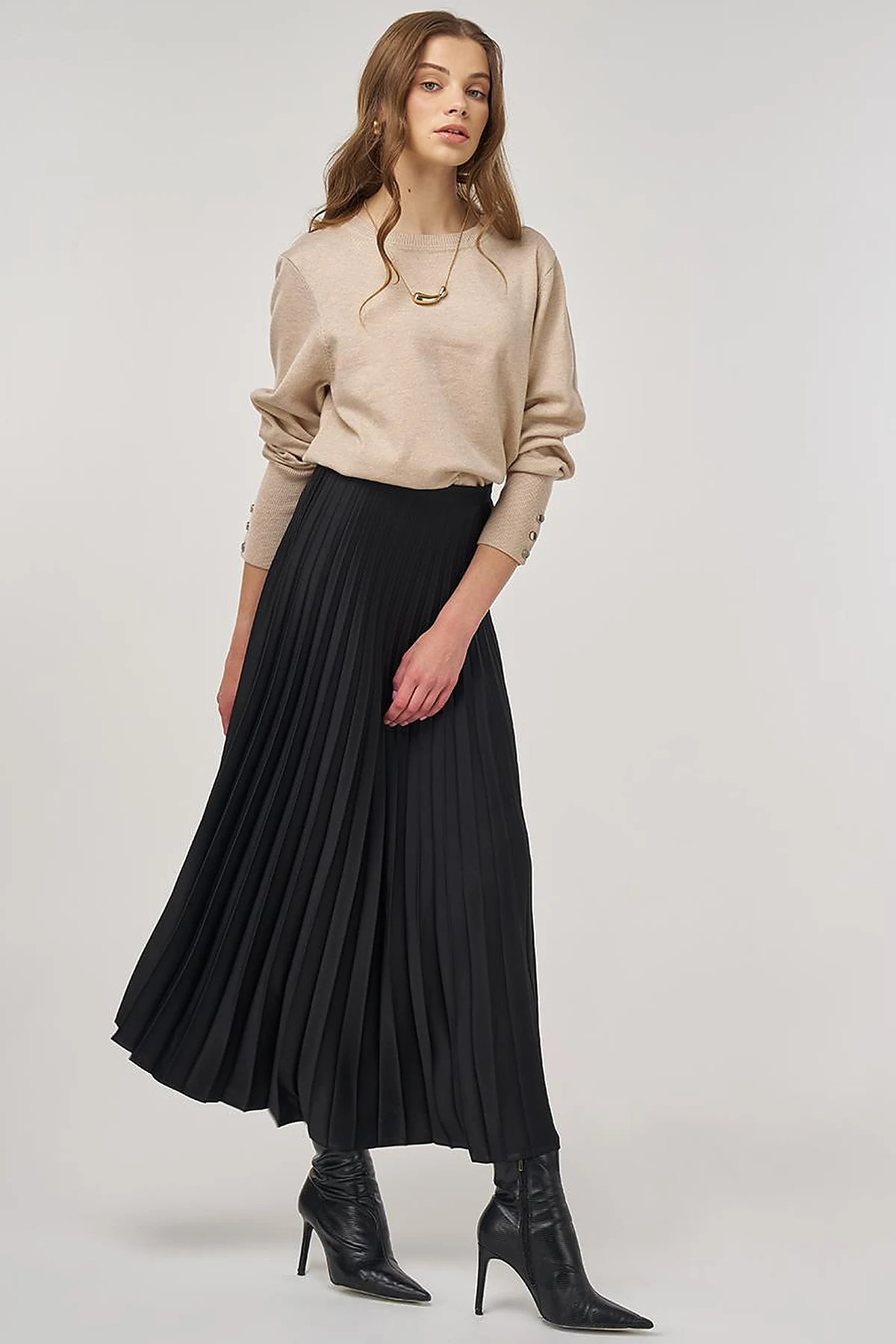Pleated Satin Skirt Black