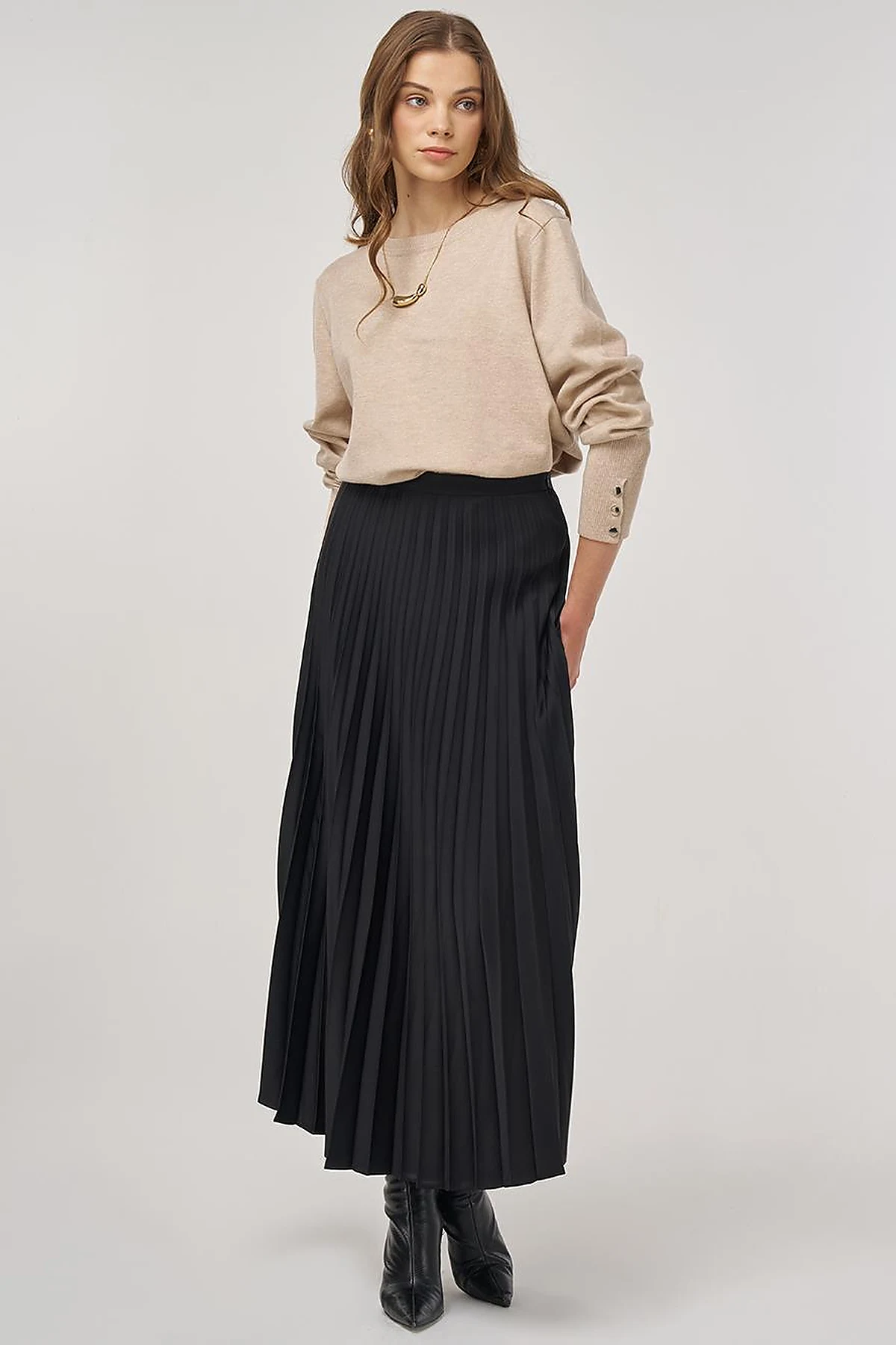Pleated Satin Skirt Black