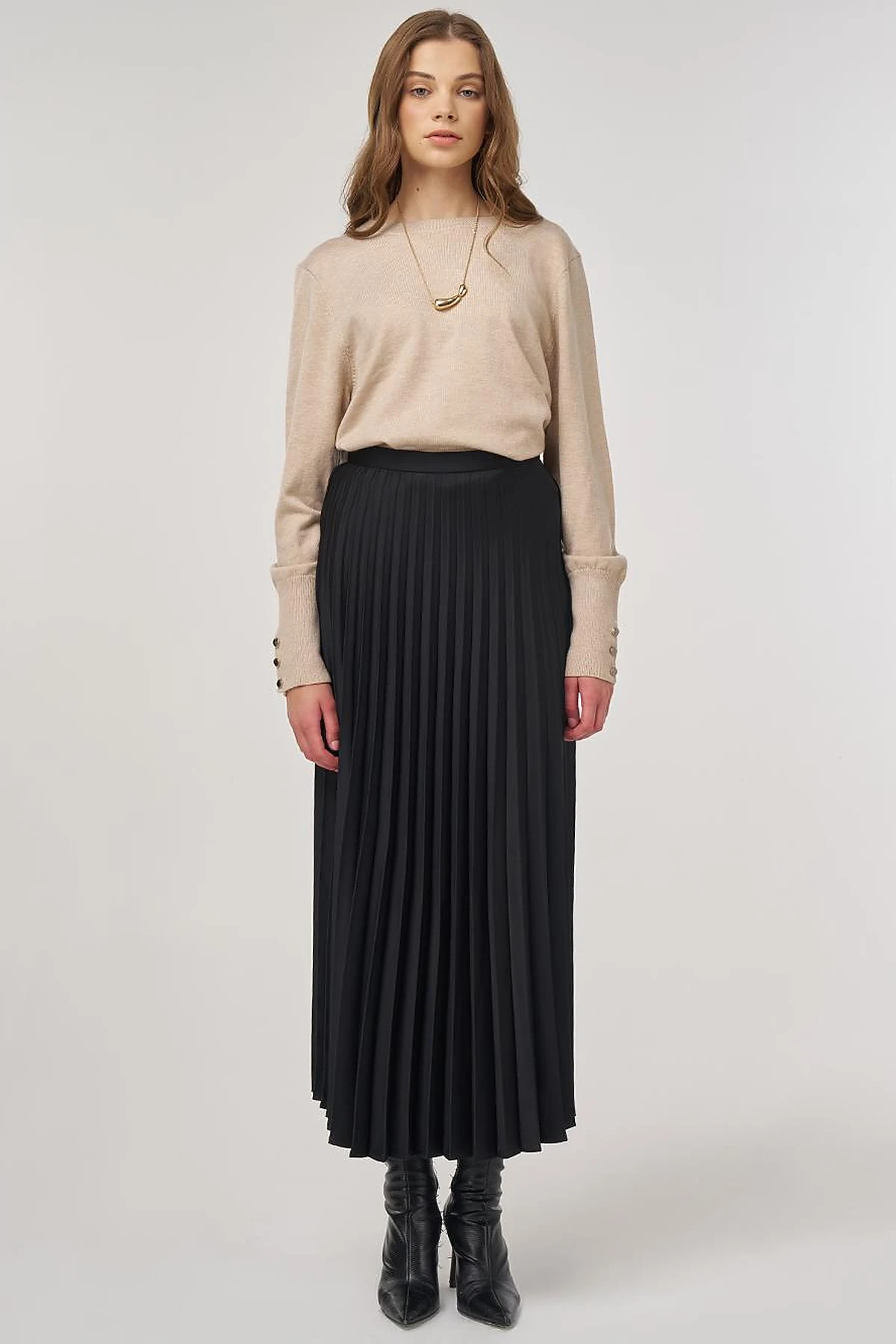 Pleated Satin Skirt Black