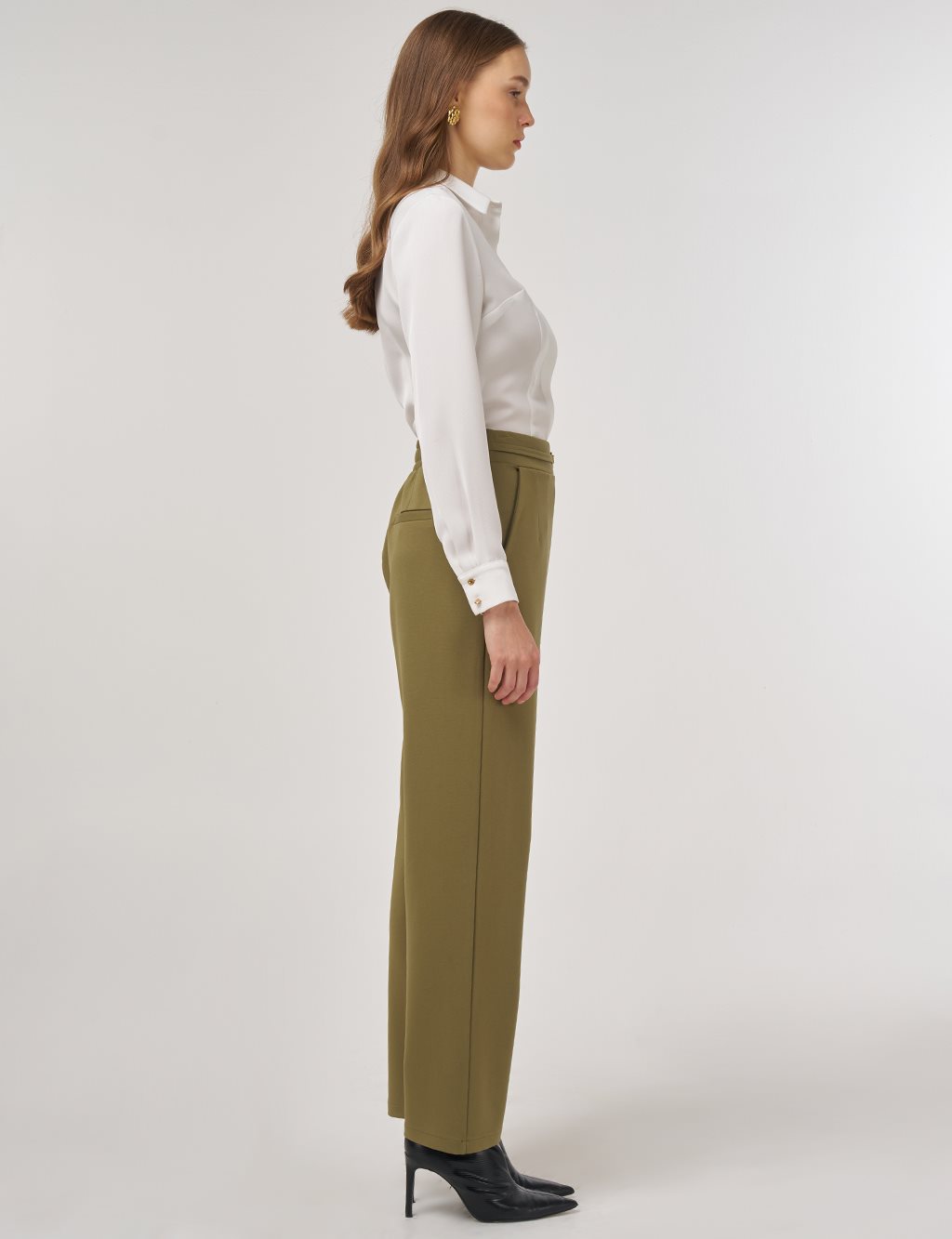 Metal Tokalı Boru Paça Pantolon Haki