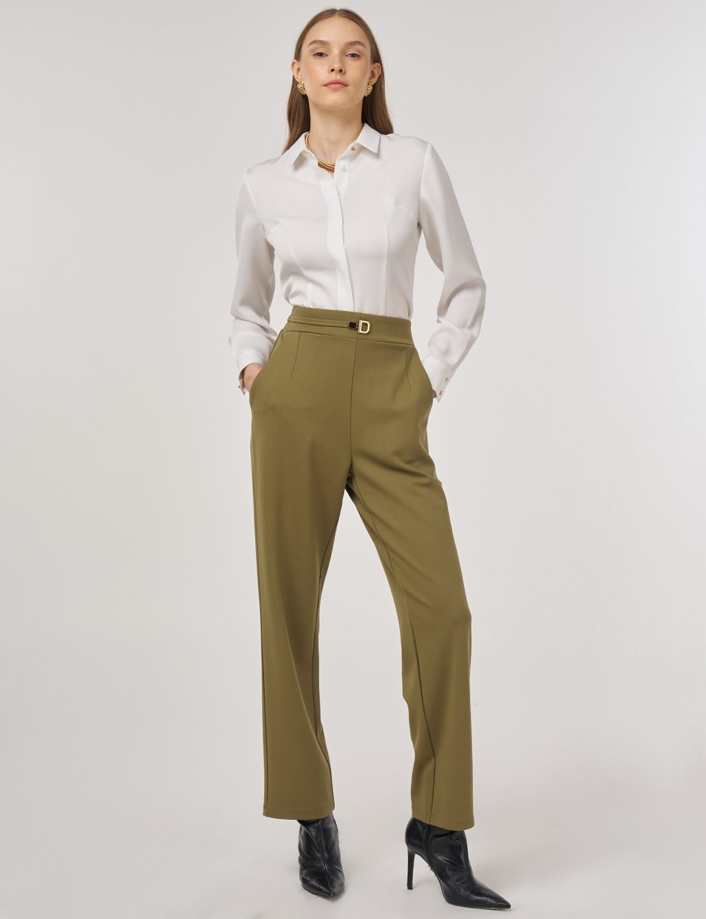 Metal Tokalı Boru Paça Pantolon Haki