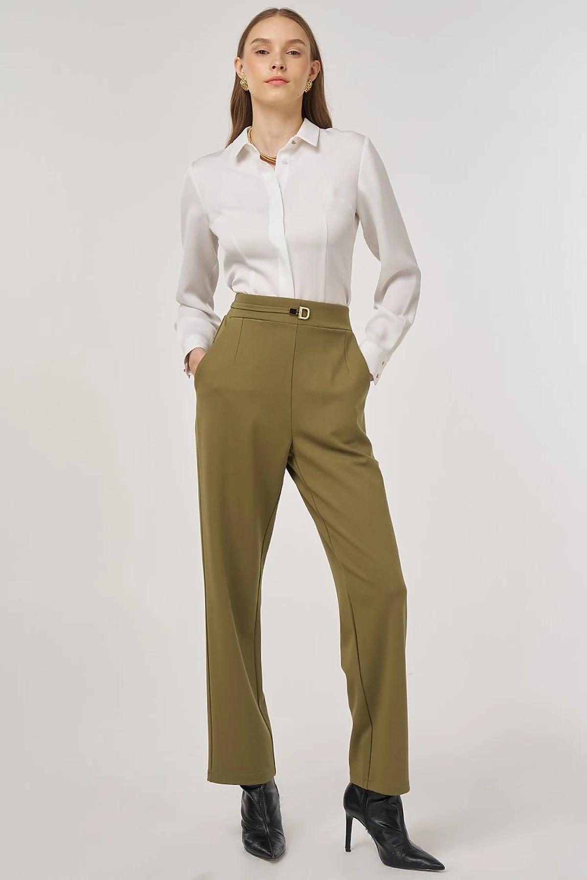 Metal-Buckled Straight-Leg Pants Khaki