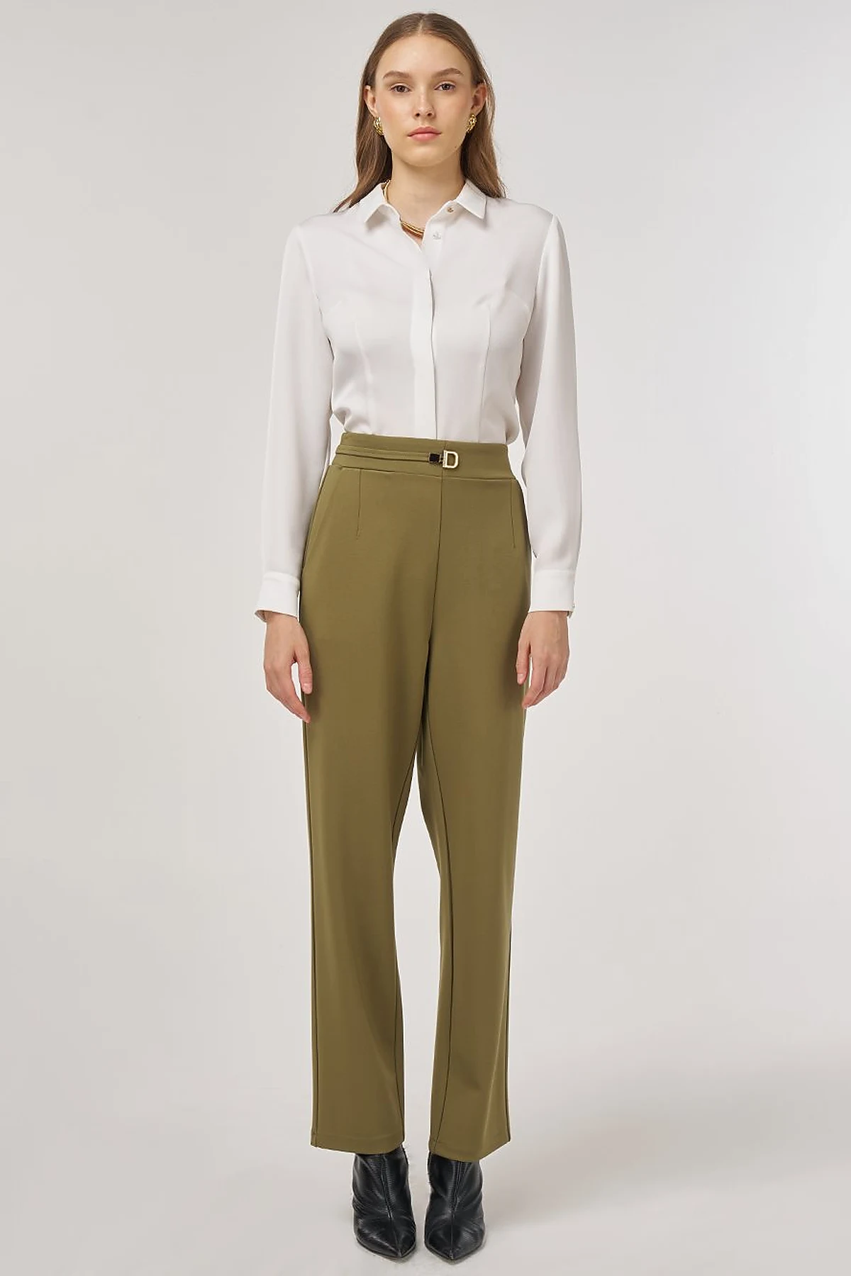 Metal-Buckled Straight-Leg Pants Khaki