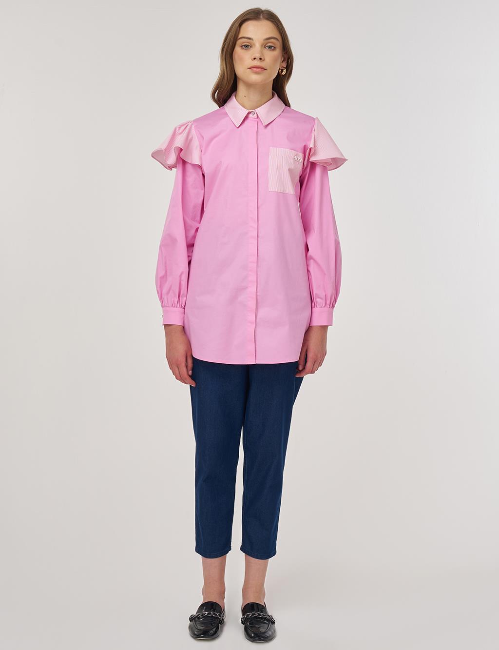 Fırfır Detaylı Pamuklu Tunik Şeker Pembe 