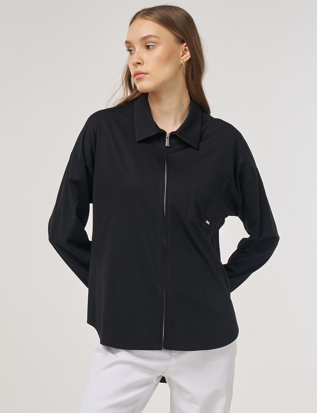 Zip-Closure Jersey Tunic Black