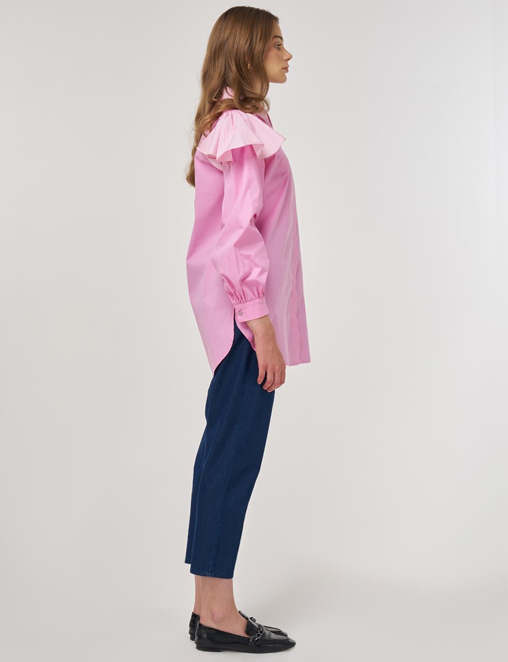 Fırfır Detaylı Pamuklu Tunik Şeker Pembe 