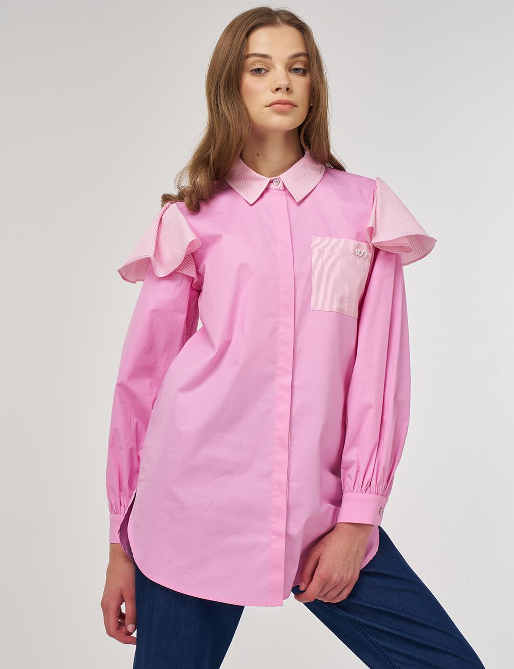 Fırfır Detaylı Pamuklu Tunik Şeker Pembe 