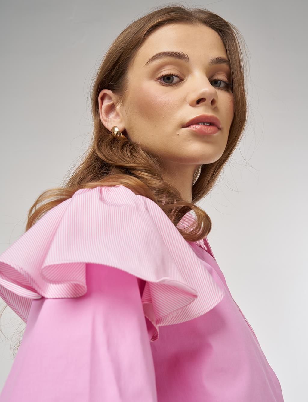 Fırfır Detaylı Pamuklu Tunik Şeker Pembe 