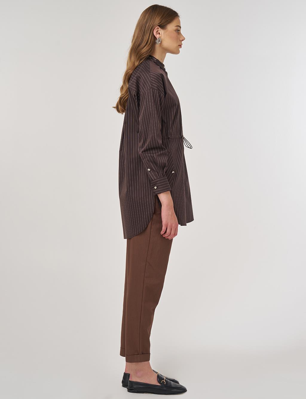 Mandarin Collar Cotton Tunic Dark Brown