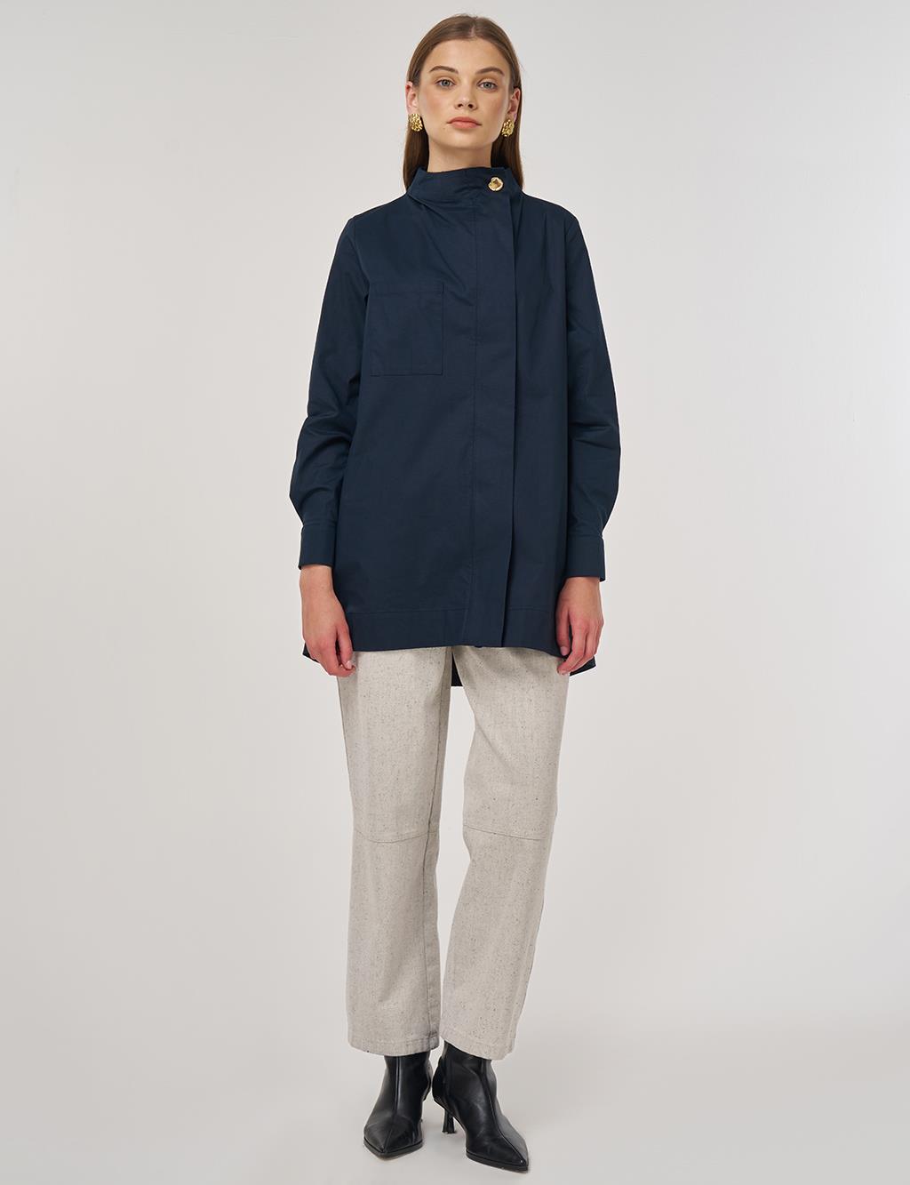 Shiny Buttoned Cotton Tunic Dark Navy 