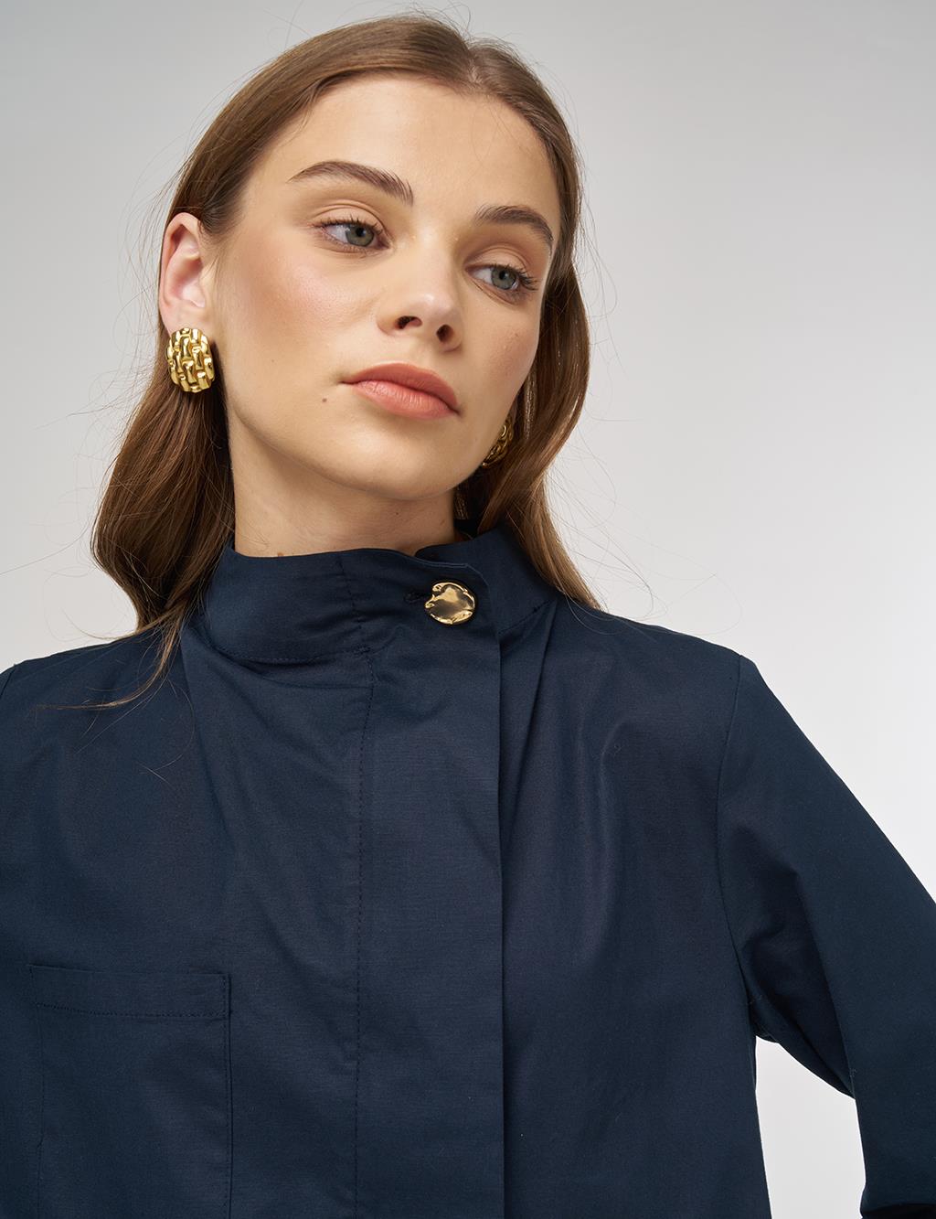Shiny Buttoned Cotton Tunic Dark Navy 