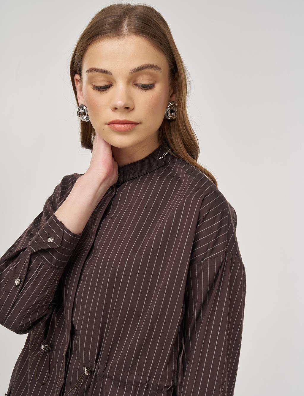 Mandarin Collar Cotton Tunic Dark Brown