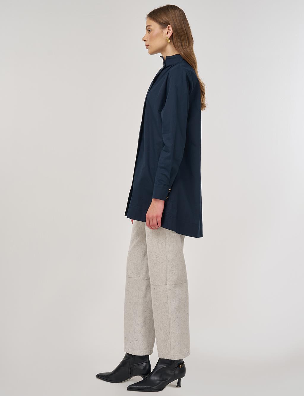 Shiny Buttoned Cotton Tunic Dark Navy 