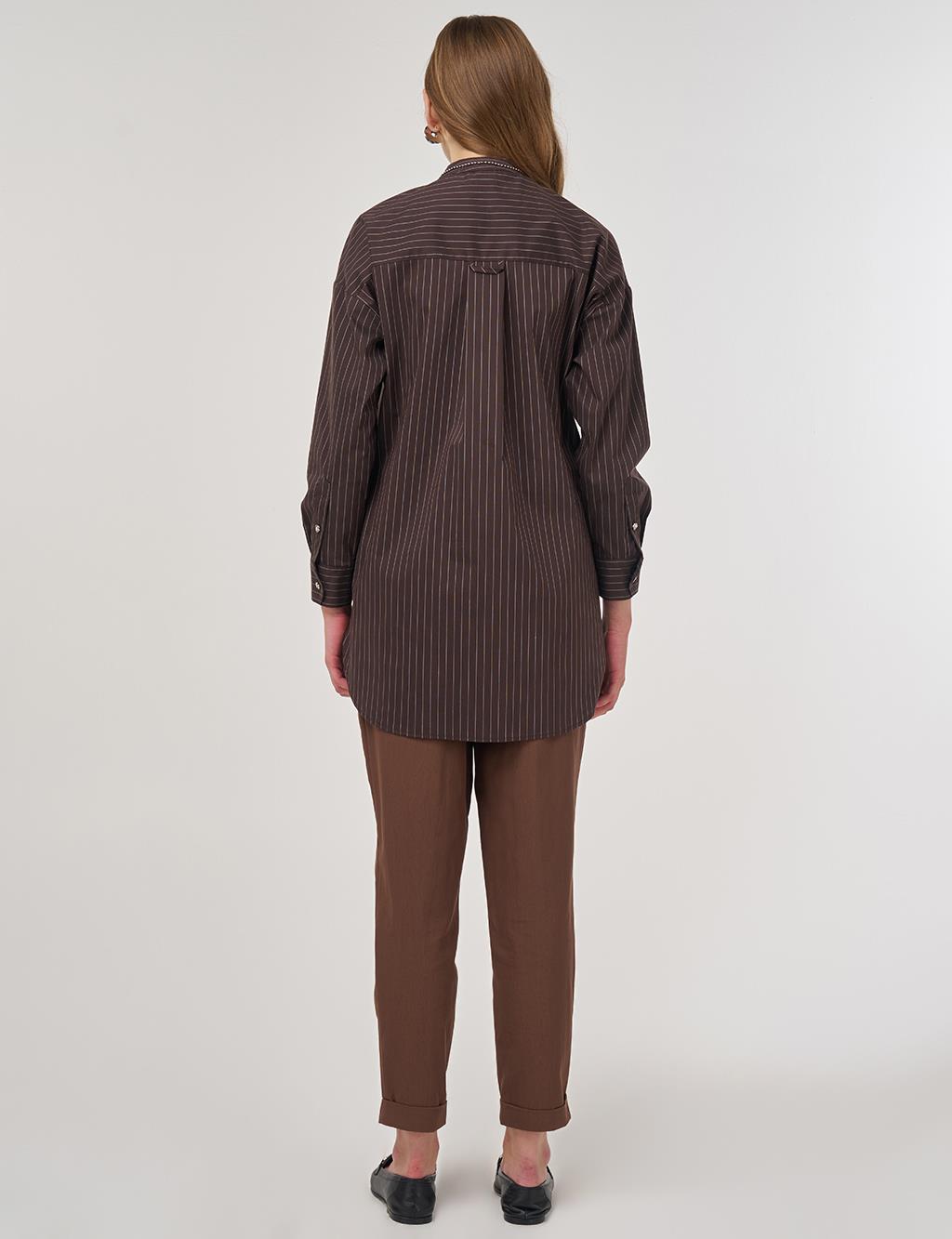 Mandarin Collar Cotton Tunic Dark Brown