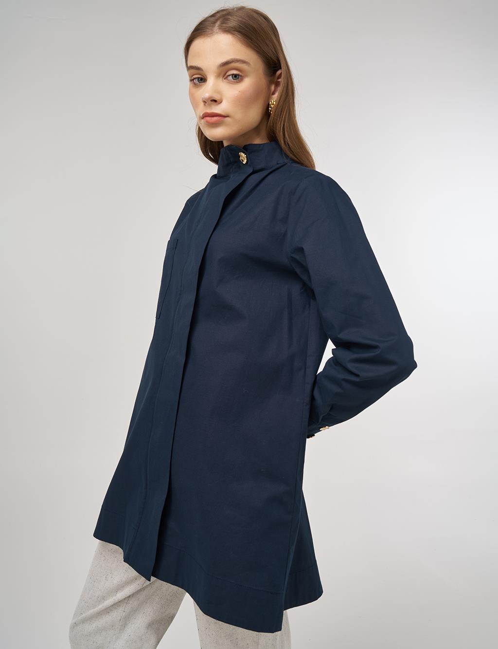 Shiny Buttoned Cotton Tunic Dark Navy 