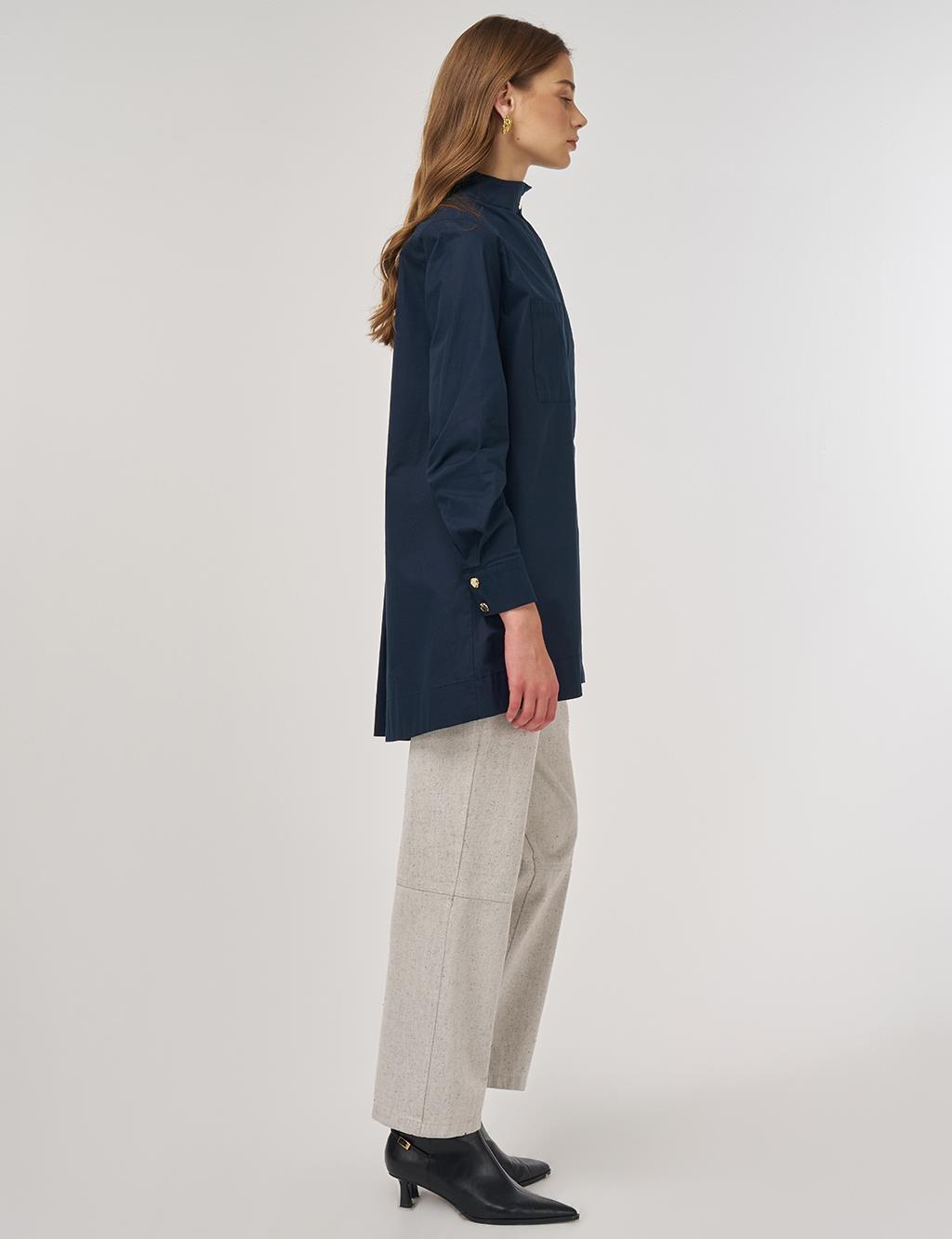Shiny Buttoned Cotton Tunic Dark Navy 